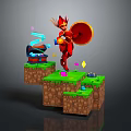 3D Game Platform Terrain Scene Featuring Red Character Treasure Chest And Glowing Elements 3d model