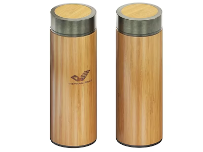 Bamboo Thermal Mugs With Wooden Texture Metal Lids And Logo Design 3d model