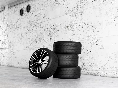 Standing Tire with Black Rim and Stacked Tires on Gray Floor Against Textured White Wall 3d model