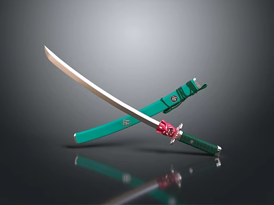 Traditional Japanese Katana Weapon With Green Scabbard Red Hilt And Silver Blade 3d model