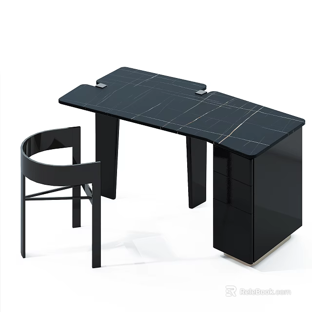 Modern Black Office Desk With Sleek Marble Surface And Matching Chair 3d model 