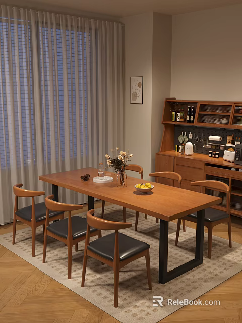 Modern Restaurant Interior With Wooden Dining Table Leather Chairs Wine Cabinet And Floral Decor 3d model 