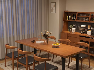 Modern Restaurant Interior With Wooden Dining Table Leather Chairs Wine Cabinet And Floral Decor 3d model