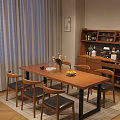 Modern Restaurant Interior With Wooden Dining Table Leather Chairs Wine Cabinet And Floral Decor