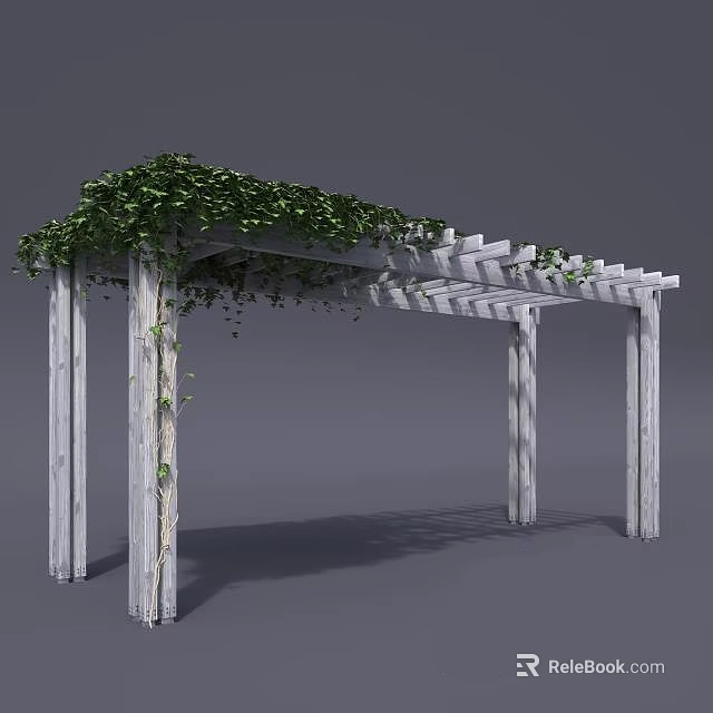 Wooden Pergola With Green Vines Covered Top And White Supporting Columns 3d model 