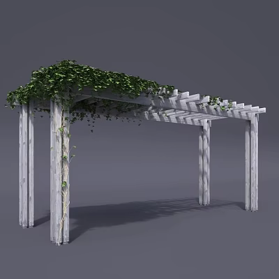 Wooden Pergola With Green Vines Covered Top And White Supporting Columns 3d model