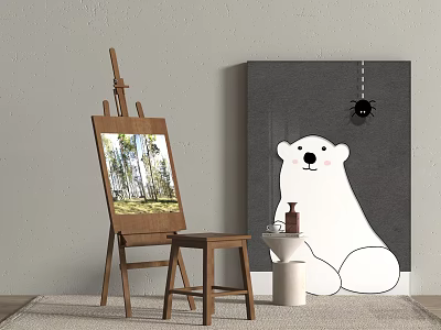 Art Supplies Setup With Easel Painting Polar Bear Stool And Canvas 3d model