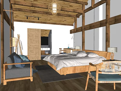 Modern Hotel Guest Room With Wooden Ceiling Beams Pendant Light And Cozy Bed 3d model