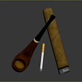 Classic Smoking Accessories With Wooden Pipe Burning Cigar And Cigarette On Dark Surface
