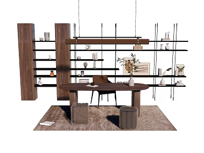 Modern Wooden Table And Chair Set With Bookshelves And Decorative Items On Rug 3d model