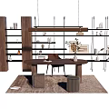Modern Wooden Table And Chair Set With Bookshelves And Decorative Items On Rug