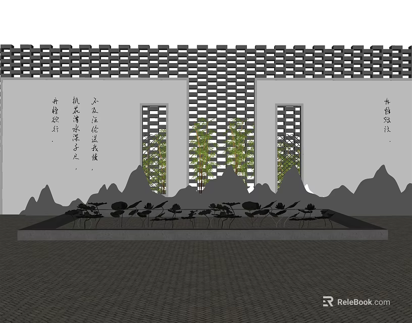 Traditional Chinese Garden Ornament Featuring Tile Roof Lattice Screen Rock Silhouettes And Green Plants 3d model 