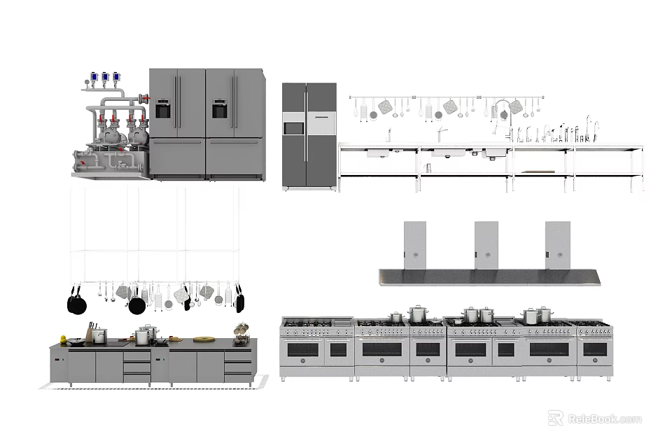 Detailed Modern Kitchen Appliances Layout With Stovetops Range Hoods Refrigerators And Cabinets 3d model 