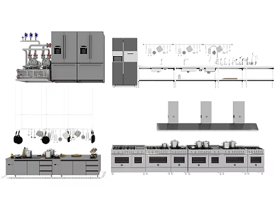 Detailed Modern Kitchen Appliances Layout With Stovetops Range Hoods Refrigerators And Cabinets 3d model