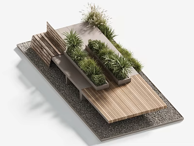 Outdoor Public Chair Design With Wooden Structure Green Plants And Gravel Surface 3d model