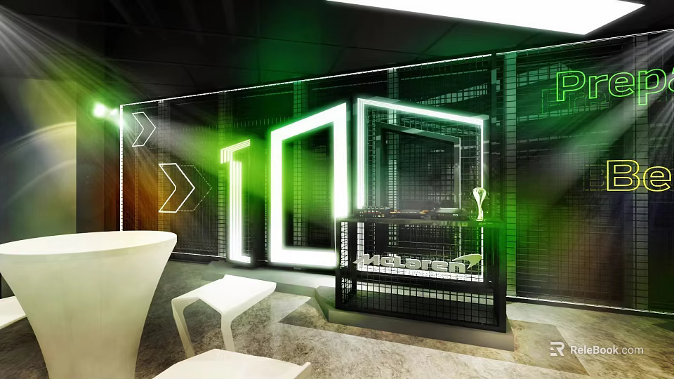Futuristic Interior Space With Green Lighting Geometric Patterns And White Furniture 3d model 
