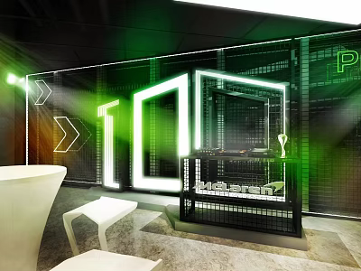 Futuristic Interior Space With Green Lighting Geometric Patterns And White Furniture 3d model