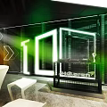 Futuristic Interior Space With Green Lighting Geometric Patterns And White Furniture