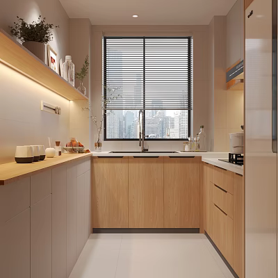 Modern Kitchen Interior Design With Wooden Cabinets Window City View Countertop Fruits 3d model