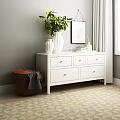 White Console Cabinet with Drawers Green Plant Vase Wall Mirror and Patterned Rug near Window