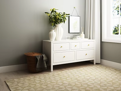 White Console Cabinet with Drawers Green Plant Vase Wall Mirror and Patterned Rug near Window 3d model