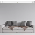 Modern Light Gray Sectional Sofa with Gray Pillows and Brown Plaid Blanket 3d model