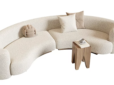 Curved Beige Plush Sectional Sofa With Pillows And Wooden Side Table 3d model