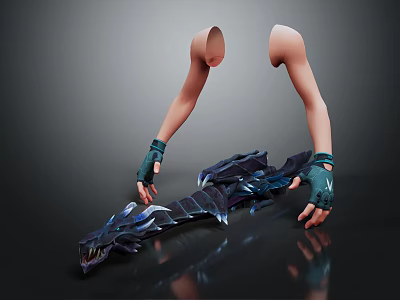Character Arm With Green Gloves Interacting With Blue Spiked Creature On Dark Background 3d model