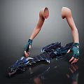 Character Arm With Green Gloves Interacting With Blue Spiked Creature On Dark Background 3d model