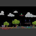 Cartoon Scene Construction With Blue Sky White Clouds UFO Green Grass Trees Road And Vehicles