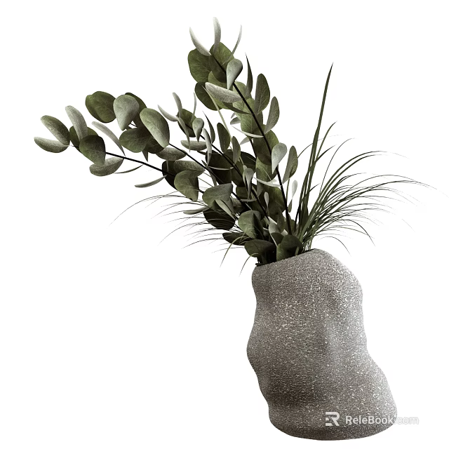 Gray Irregular Shaped Textured Vase With Green Eucalyptus Leaves And Slender Grass 3d model