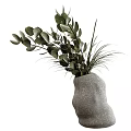 Gray Irregular Shaped Textured Vase With Green Eucalyptus Leaves And Slender Grass 3d model