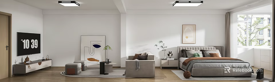 Stylish Modern Apartment Interior With Sofa Coffee Table Artwork Plants And Wooden Floor 3d model 