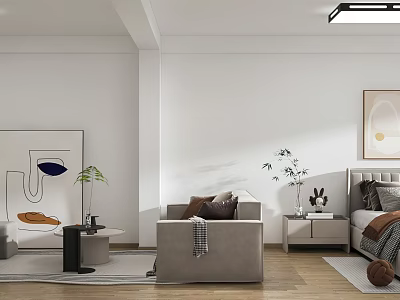 Stylish Modern Apartment Interior With Sofa Coffee Table Artwork Plants And Wooden Floor 3d model