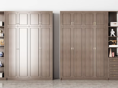 Modern Wooden Wardrobes With Multiple Doors Brass Handles Open Shelves And Decorative Items 3d model