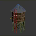 Industrial Water Tower Structure With Conical Roof Metal Ladder And Support Legs 3d model