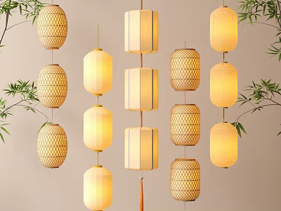 Decorative Lanterns in Various Designs with Bamboo Woven Patterns Warm Light and Bamboo Leaves 3d model