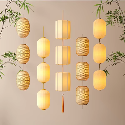 Decorative Lanterns in Various Designs with Bamboo Woven Patterns Warm Light and Bamboo Leaves 3d model