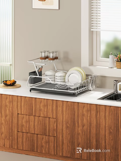 Modern Kitchen Tableware Set With Ceramic Plates Glass Cups And Stainless Steel Drying Rack 3d model 