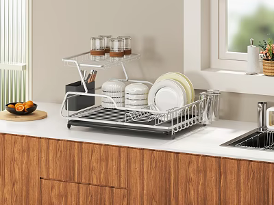 Modern Kitchen Tableware Set With Ceramic Plates Glass Cups And Stainless Steel Drying Rack 3d model