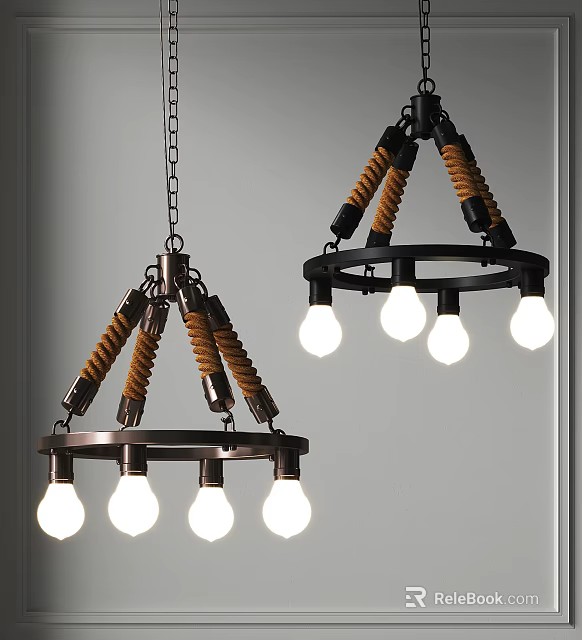 Industrial Style Chandelier Featuring Rope Wrapped Metal Structure and Illuminated Bulbs 3d model 