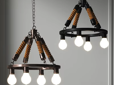 Industrial Style Chandelier Featuring Rope Wrapped Metal Structure and Illuminated Bulbs 3d model