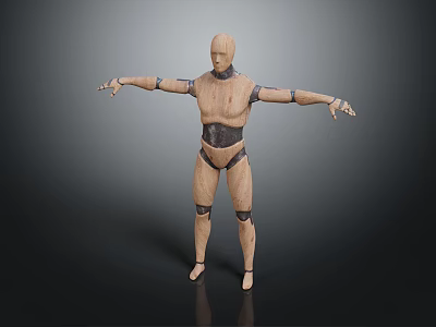 Wooden Mechanical Robot Model Standing With Outstretched Arms And Metallic Joints 3d model