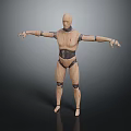 Wooden Mechanical Robot Model Standing With Outstretched Arms And Metallic Joints