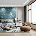 Kids Room Starry Sky Wall Constellations Green Headboard Bed Plush Toys Round Bean Bag Chair