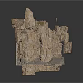 Rock Cliff Structure 3D Model With Layered Stones And Small Architectural Elements