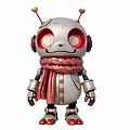 Silver Robot Sculpture With Red Eyes Heart Shaped Antennas Pink Scarf And Red Feet