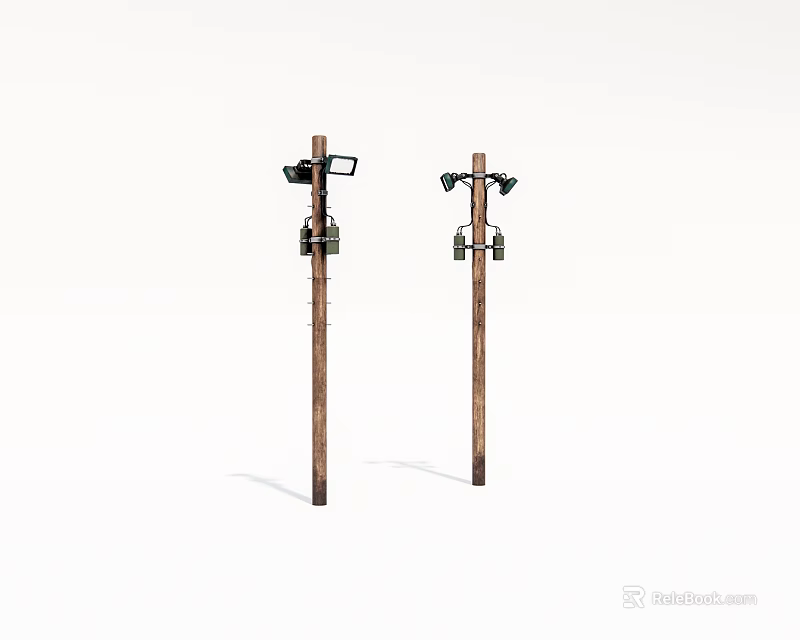 Two Brown Utility Poles With Lamps And Equipment On White Background 3d model 