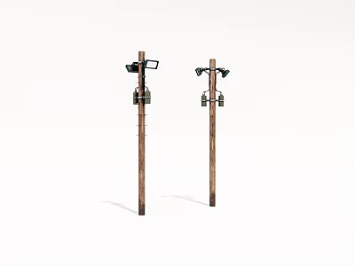 Two Brown Utility Poles With Lamps And Equipment On White Background 3d model
