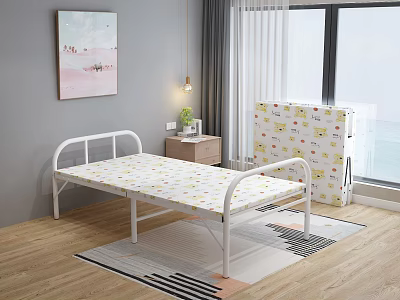 Cozy Room Interior With White Metal Folding Bed Patterned Mattress Nightstand And Table Lamp 3d model